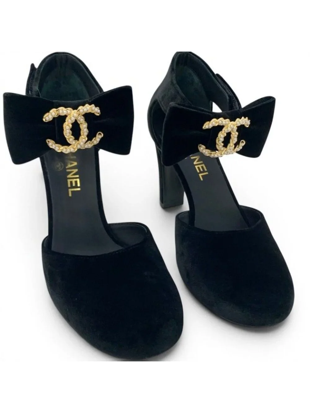 Chanel Pumps Shoes Velour Black Gold CC Logo Ribbon Pearl Velcro Strap